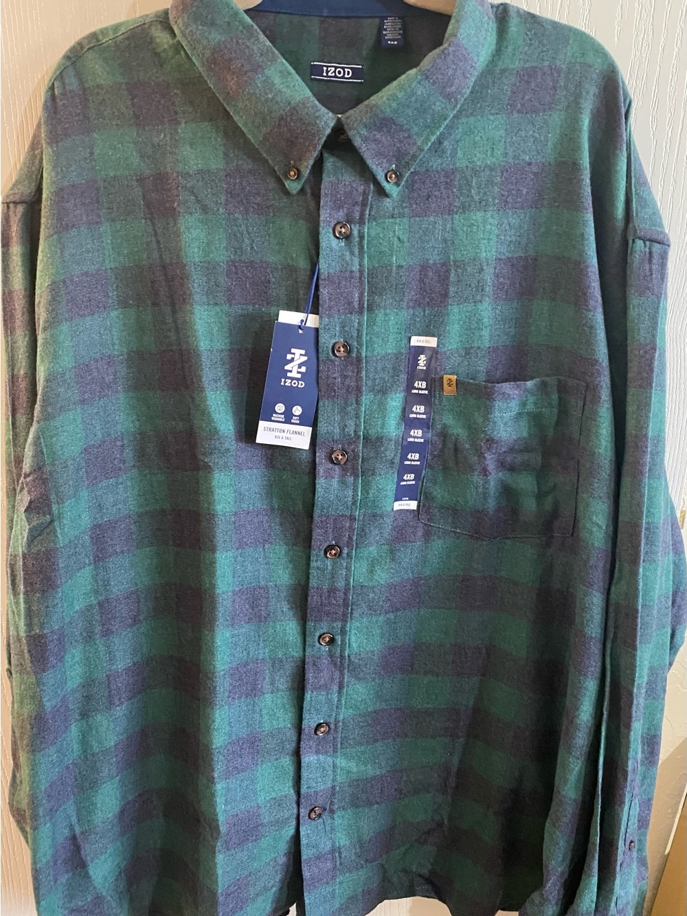 Izod Mens 4XL Flannel Green and Navy Plaid Shirt